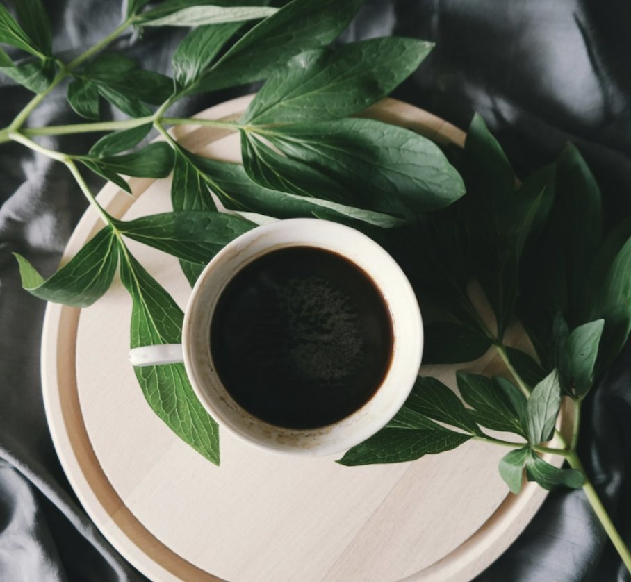 Coffee cup on a pale tray with green leaves in an editorial still-life.