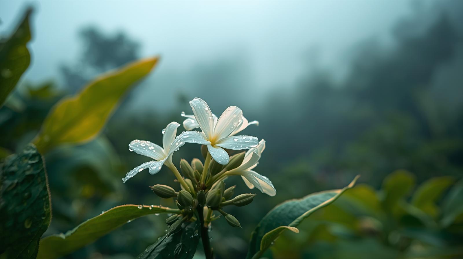White Geisha flower in soft focus against deep green foliage.
